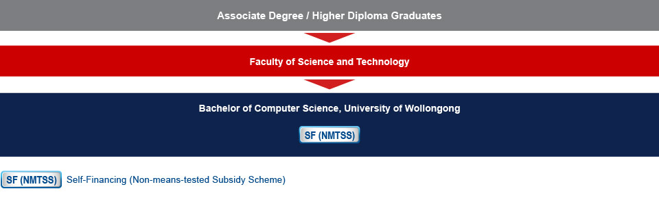 Associate degree / higher diploma graduates who are interested in studying IT-related programme can choose to study the Bachelor of Computer Science, University of Wollongong (Self-financing (Non-means-tested Subsidy Scheme)), offered by the Faculty of Science and Technology.