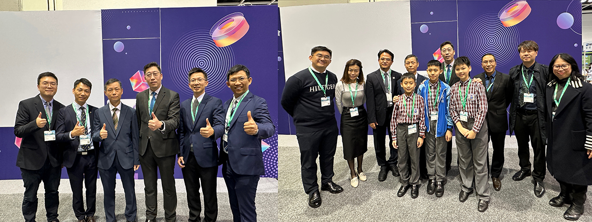 副数字政策专员（数字基建）张宜伟先生与众演讲嘉宾包括文理书院（九龙）、荃湾圣芳济中学、威灵顿教育机构张沛松纪念中学、香港红十字会玛嘉烈戴麟趾学校、顺德联谊总会胡少渠纪念小学及大埔旧墟公立学校的校长和师生于「学与教博览2024」科技教育论坛合照。