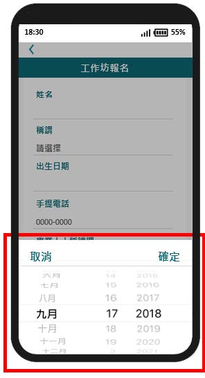 这个流动应用程式页面范例的图片显示日期输入栏，并附有所需日期格式的指示。