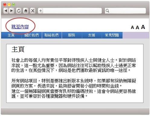 這個網頁範例在網頁頂部、導覽列之上附加了一個「跳至內容」連結。