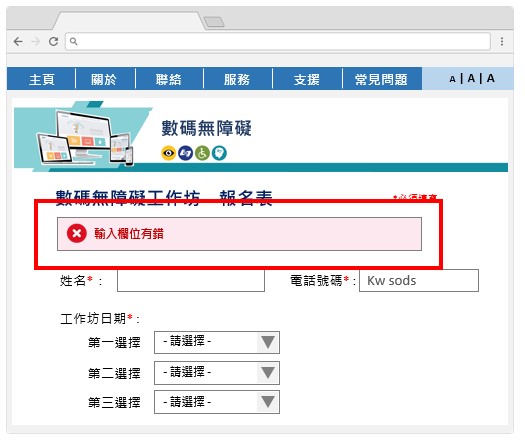 在這個網頁範例中，當輸入資料錯誤時，表格底部會出現一般錯誤訊息提示。