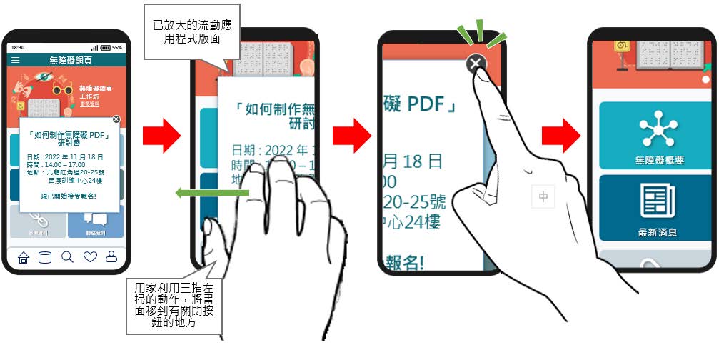 放大功能的使用者關閉彈出視窗的難處。