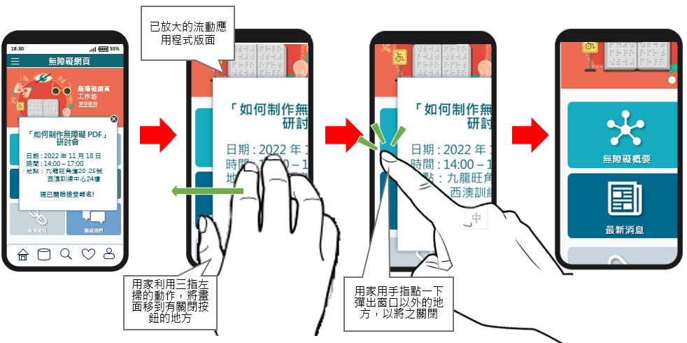 放大功能的使用者如何更容易關閉彈出視窗。
