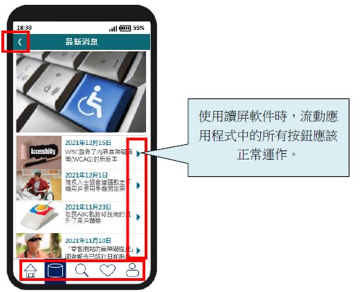 這個流動應用程式頁面範例的圖片指出使用讀屏軟件時，所有按鈕應該正常運作。